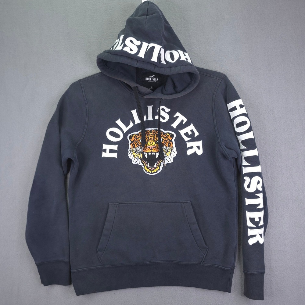 Hollister Hoodie Tiger Graphic Logo Navy Blue Medium Cotton Streetwear Y2K